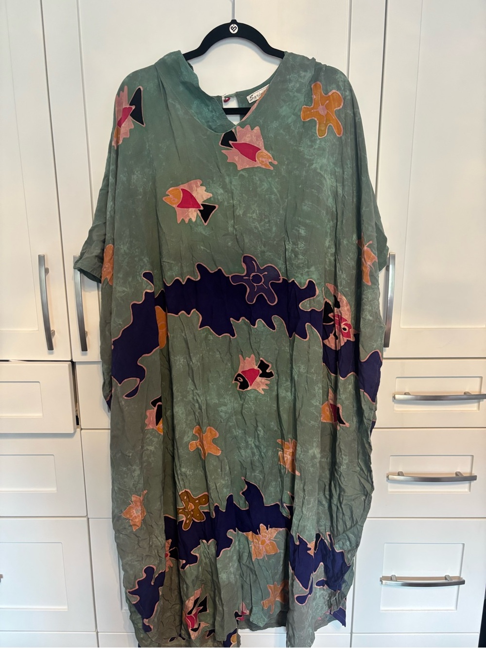 Relaxed Green Floral & Fish Print Women's Dress/Caftan. 100% cotton